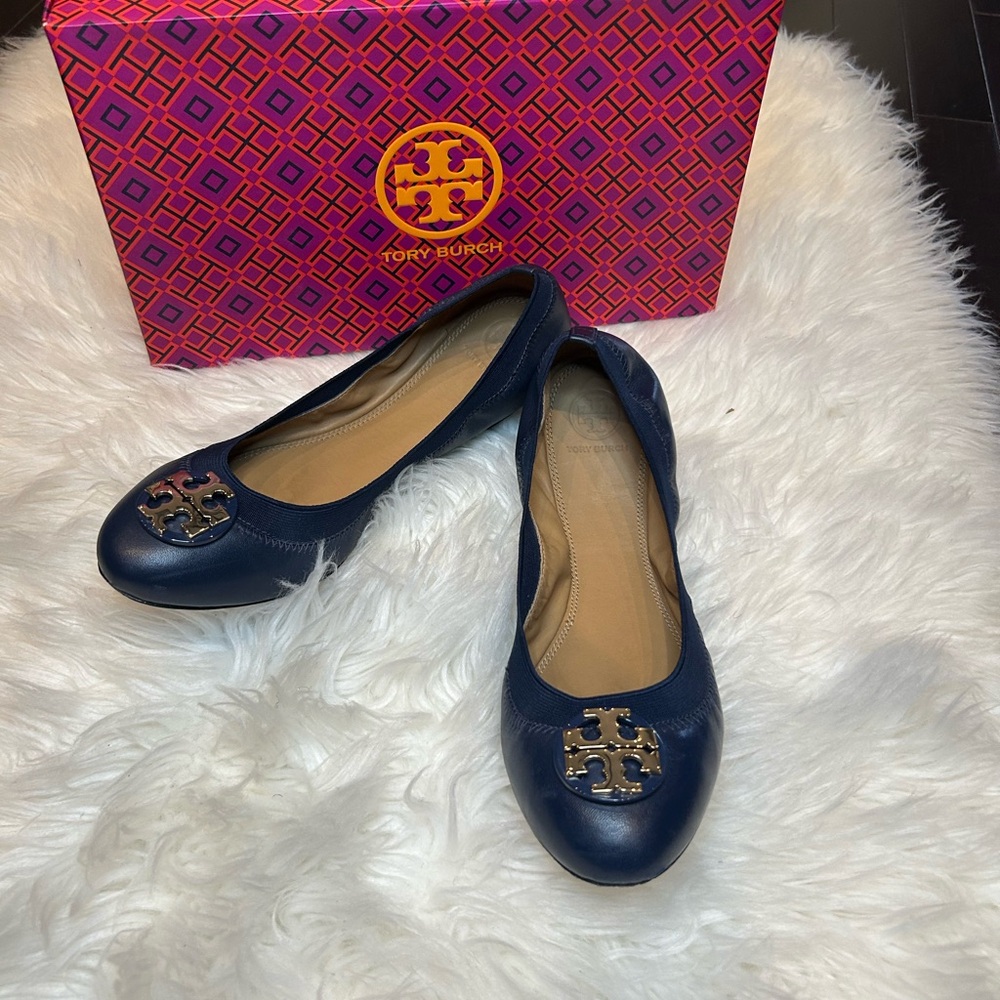 Tory Burch Dark Blue Leather Flats